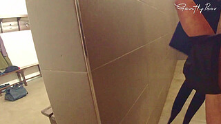 SPY RESTROOM SWIMMING POOL: hard cock exposed for a big boobs woman