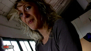 Skinny french blonde MILF fucked in the ass for money in the wharehouse