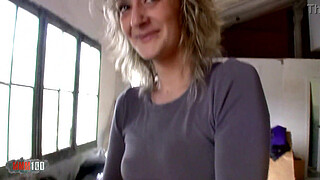 Skinny french blonde MILF fucked in the ass for money in the wharehouse