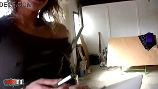 Skinny french blonde MILF fucked in the ass for money in the wharehouse