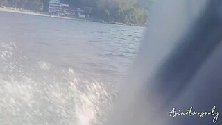 Proper cumshot into pussy after having fun with jet sky and beach