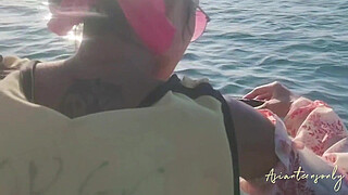 Proper cumshot into pussy after having fun with jet sky and beach
