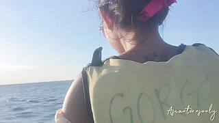 Proper cumshot into pussy after having fun with jet sky and beach