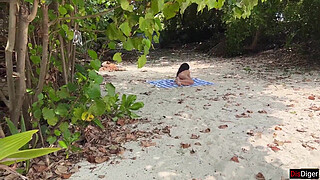 Voyeur pervert jerks off busty MILF and her stepdaughter and cums on their faces while they sunbathe