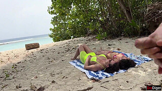 Voyeur pervert jerks off busty MILF and her stepdaughter and cums on their faces while they sunbathe