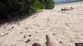 Voyeur pervert jerks off busty MILF and her stepdaughter and cums on their faces while they sunbathe