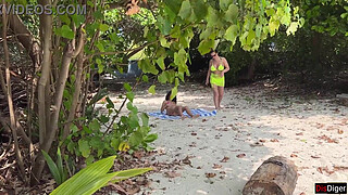 Voyeur pervert jerks off busty MILF and her stepdaughter and cums on their faces while they sunbathe