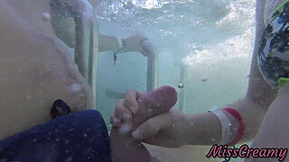 Teen student masturbate my cock in a public pool in front of everyone - it's very risky with people near- MissCreamy