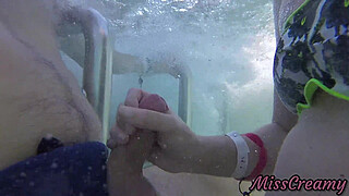 Teen student masturbate my cock in a public pool in front of everyone - it's very risky with people near- MissCreamy