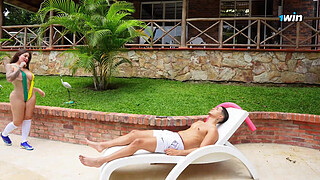 Slutty neighbor fucks married man while sunbathing by the pool - Sara Blonde