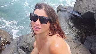 Unexpected Cumshot on the Face of a Nudist on the Beach! Cuckold Husband...Lover Marked Her