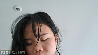 Tiny slim flat-chested Asian teen loves bouncing on big white dick and receiving his glorious cum