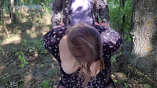 Cute horny traveling companion fucks a stranger in the woods in all her holes and sensually sucks his cock while masturbating her pussy