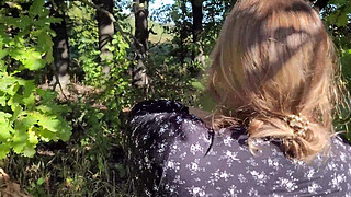 Cute horny traveling companion fucks a stranger in the woods in all her holes and sensually sucks his cock while masturbating her pussy
