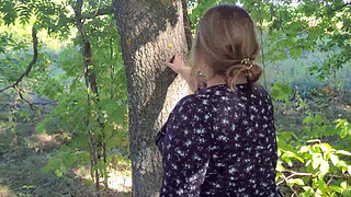 Cute horny traveling companion fucks a stranger in the woods in all her holes and sensually sucks his cock while masturbating her pussy