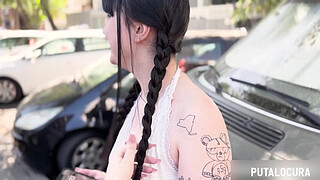 PutaLocura - Spanish brunette with big tits swallows her boyfriend's milk while caught