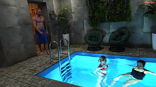 He's a lucky guy. He Fucks a Hot Milf and a Cute 18-year-old Girl in a public Sauna!