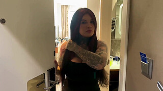 Tattooed milf with huge tits fucked by young man and swallows his cum