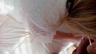 Sly stepson fucks sad stepmom, cumming on her pussy.