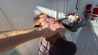 The delivery girl was tormented by thirst and she decided to take a sip of cum from the dick of a greedy customer