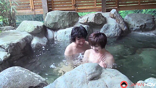 Japanese housewife Hasumi had erotic soaping and blowjob in the hot spring uncensored