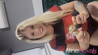 Busty blonde gives her tight, pink ass but first uses an anal plug to train and be able to give her ass to her boyfriend to pound him hard