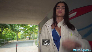 Public Agent Spanish teen outdoor POV public blowjob tight pussy filled with big dick