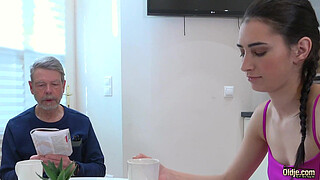 Grandpa cums on her young perky tits after fucking her doggystyle and in her mouth