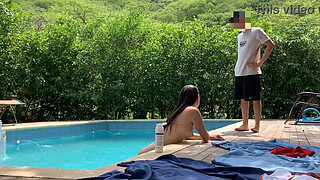 While I'm cleaning the pool my boss and his sister get naked and they get me naked too for some fun