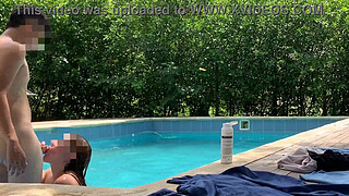 While I'm cleaning the pool my boss and his sister get naked and they get me naked too for some fun