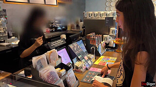 Blowjob in a Public Toilet Starbucks and Cumwalk - She drinks coffee with cum on face among people