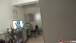 Japanese nurse Rei Mizuna moans while rubbing her wet pussy in the doctor's office uncensored.