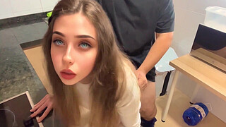 18 year old stepdaughter has sex in the kitchen, The fat stepfather cums inside her