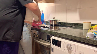 18 year old stepdaughter has sex in the kitchen, The fat stepfather cums inside her