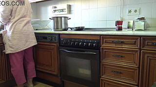 Mature stepmother let's me fuck her hairy pussy in the kitchen