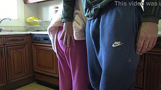 Mature stepmother let's me fuck her hairy pussy in the kitchen