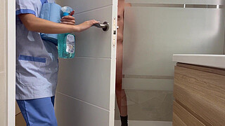 I surprise the room service cleaning girl by giving me a handjob and she helps me finish cumming with a handjob in the bathroom