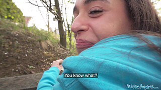 Public Agent Brunette jogger with a great ass measures a big cock before fucking it