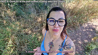 Milf with big tits sucks an unknown guy at the public park and she receives a huge facial - ENG SUB