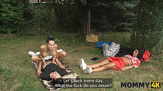 MOMMY4K. Mature brunette Valentina Sierra rubs her huge tits on the long Italian cock in public