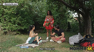 MOMMY4K. Mature brunette Valentina Sierra rubs her huge tits on the long Italian cock in public