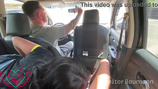 Naughty brunette asked to breastfeed in the middle of traffic with her husband driving - I came in her mouth