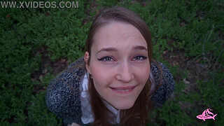 Powerful cumshot all over the face of a sexy nymphomaniac in the forest (part 2)