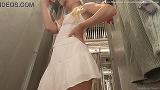 Sexy try on haul clothes fitting in the mall. Naked in the fitting room of the mall