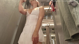 Sexy try on haul clothes fitting in the mall. Naked in the fitting room of the mall