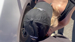 Being fucked by two guys in public bent over car in desert