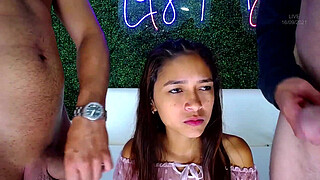 happy petite with two big cocks - blowjobs