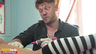 HOT Tattooed brunette with Perfect Body fucked during her tattoo - FAKEhub