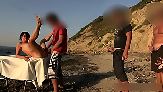 Cum orgy on the hotel beach. Free hole choice!