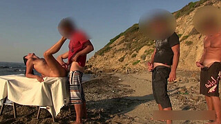 Cum orgy on the hotel beach. Free hole choice!